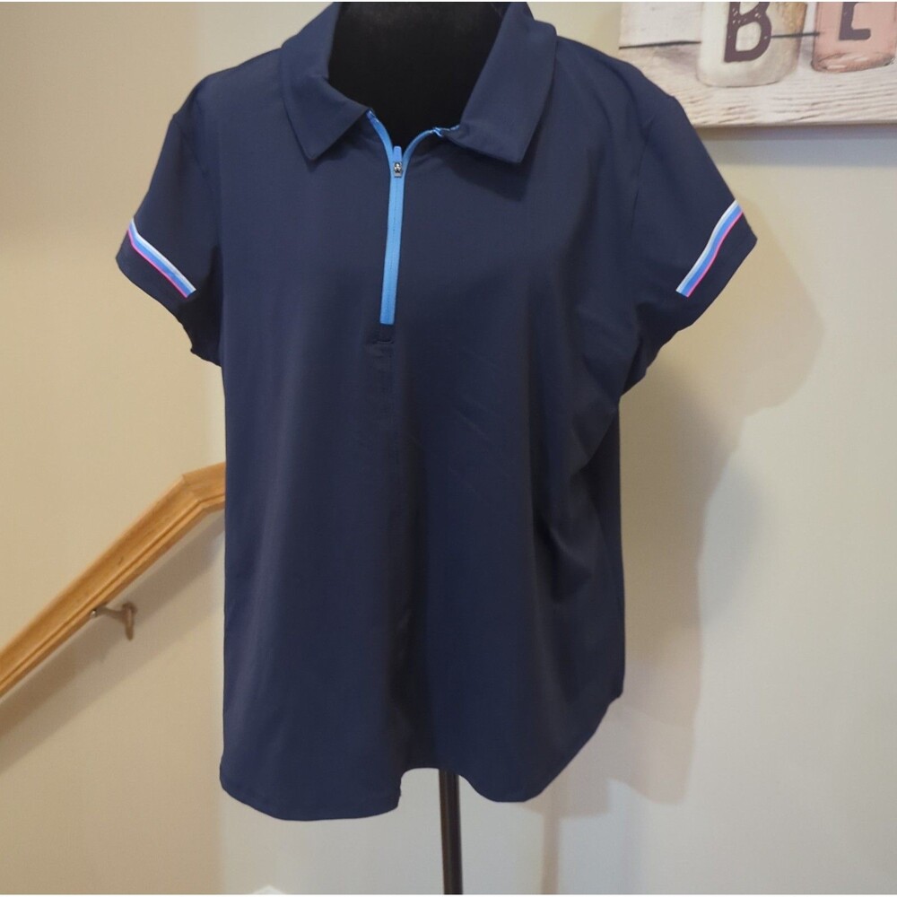 RBX Women's 1/4 Zip Front Short Polo W/ Printed Stripe At Sleeves Large NWT Blue